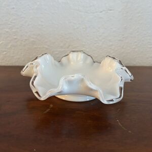Vintage Fenton White Milk Glass Silver Crest Ruffle Rim Small Candy Trinket Dish
